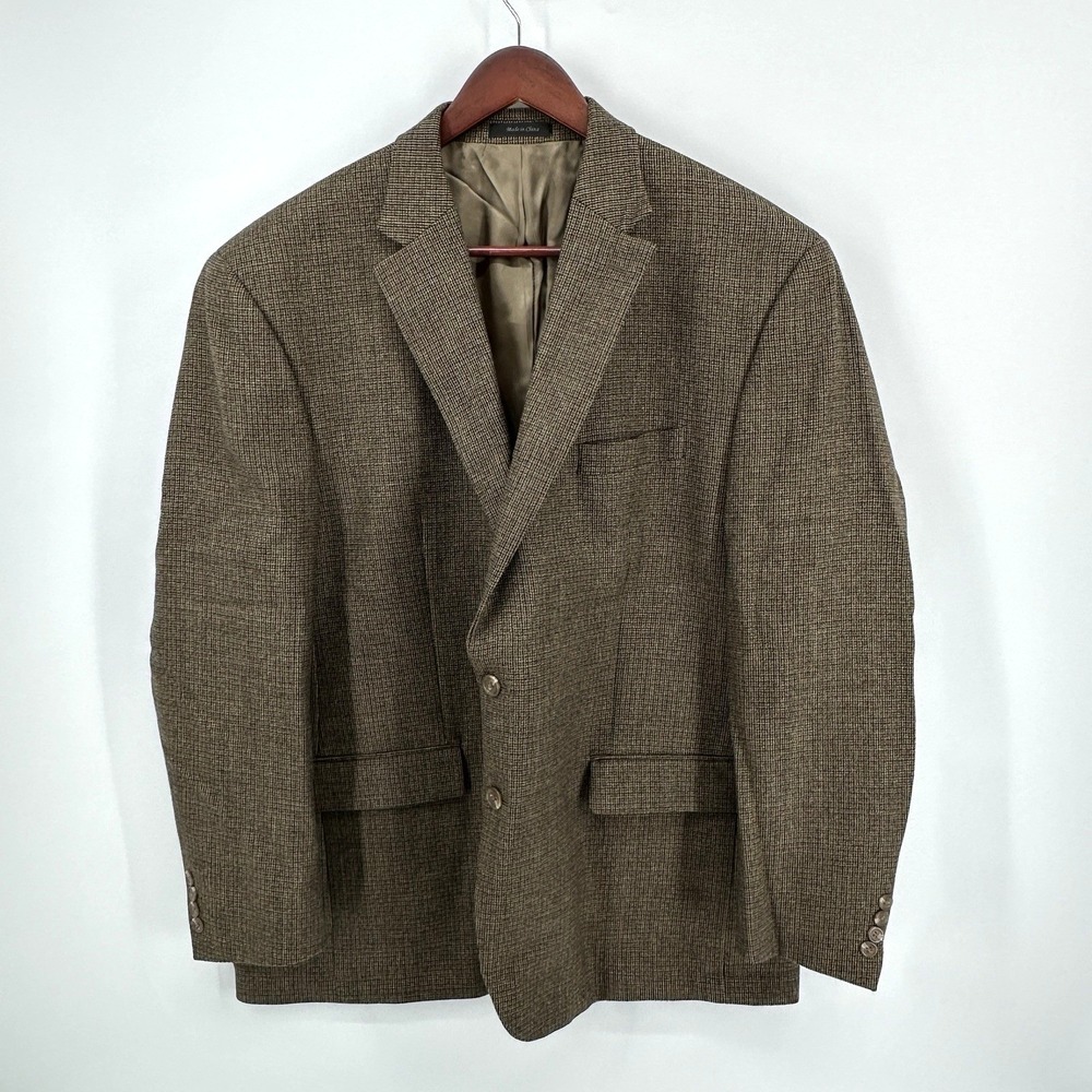 Chaps Houndstooth Blazer Sport Coat Brown Wool 2 Button Mens 48R Business
